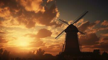 oud gestileerd windmolen s silhouet te midden van bewolkt zonsondergang foto