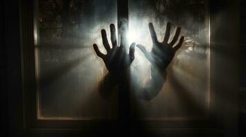 spookachtig handen van een schimmig figuur achter glas Aan een halloween themed achtergrond. silhouet concept foto
