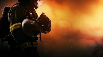 brandweerman team Holding veiligheid uitrusting na plicht werken samen naar zetten uit brand met hoog druk water. silhouet concept foto