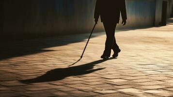 ouderen persoon met een riet schaduwen Aan de weg symboliseert oud leeftijd en wervelkolom gewricht aandoeningen. silhouet concept foto