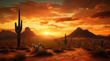 woestijn zonsondergang met cactussen schaduwen. silhouet concept foto