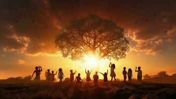 kinderen onder boom Aan weide gelukkig silhouetten foto