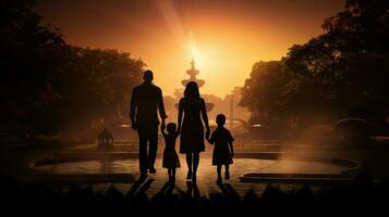 familie wandelen naar water voorzien zijn van. silhouet concept foto