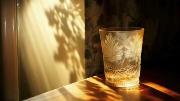 gouden licht schijnt door getextureerde glas Bij ochtendgloren. silhouet concept foto