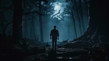 mannetje in sinister betoverd bos- gedurende nacht. silhouet concept foto
