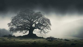 mistig dag silhouet van een oude eik boom foto