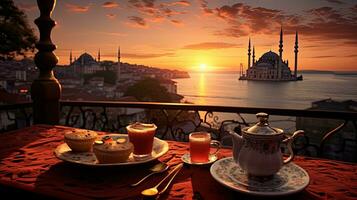 avond thee in Istanbul Bij zonsondergang. silhouet concept foto