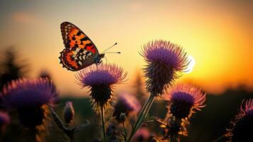 helder oranje vlinder zitstokken Aan wilde bloemen onder de avond lucht. silhouet concept foto