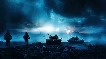 silhouetten van soldaten vechten in oorlog met tanks en gepantserd voertuigen hieronder een bewolkt horizon Bij nacht foto