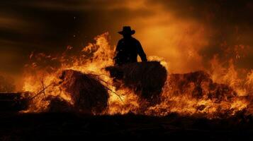 brandweerman blussen brand in hooi stapels. silhouet concept foto