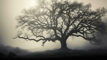 mistig dag met silhouet van een eik boom foto