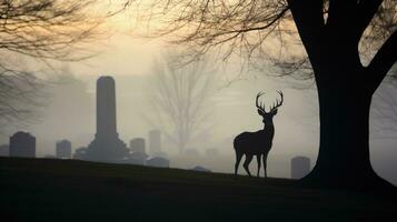 mistig ochtend- silhouet van een hert in begraafplaats foto