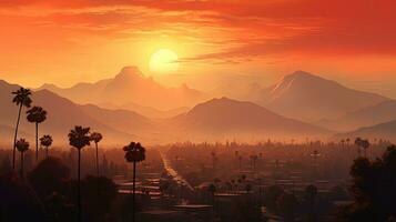 zonsopkomst over- pasadena Californië en san Gabriel bergen met boom silhouetten en een rood lucht foto