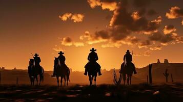 cowboy idee geïllustreerd met silhouetten van cowboys Bij zonsondergang Aan een heuvel met paarden gefocust samenstelling foto