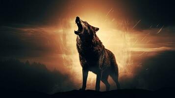 aftekenen wolf gehuil Bij vol maan in mistig achtergrond halloween verschrikking concept foto