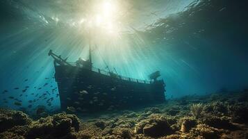 zonnestralen schijnend Aan boot silhouet van onderwater- tempel in rood zee Egypte foto