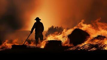 brandweerman blussen hooi baal vuur. silhouet concept foto