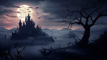 geest wandelen naar achtervolgd kasteel ruïnes onder vol maan creëren een chillen halloween tafereel. silhouet concept foto