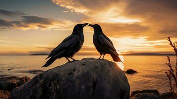 twee raven staand Aan een steen met de zee net zo een achtergrond. silhouet concept foto