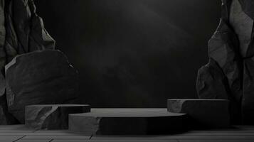 elegant zwart steen en rots podium voor Product presentatie Aan een elegant zwart achtergrond foto