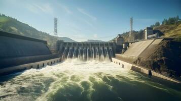 daglicht visie van hydro-elektrisch dam en rivieren energie generatie ai generatief foto