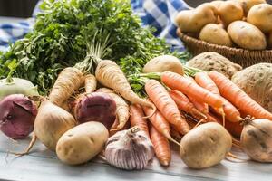 assortiment van vers groenten Aan houten tafel. wortel pastinaak knoflook selderij ui en koolraap foto