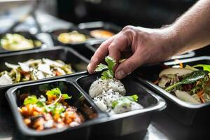 de chef in restaurant keuken eindigt de voedsel klaar voor levering in meenemen pakketjes foto