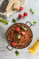 klassiek Italiaans bolognese saus met ingrediënten pasta spaghetti olijf- olie tomaten basilicum en Parmezaanse kaas kaas foto