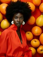 vrouw persoon schoonheid mode concept oranje papaja zwart afro modieus brunette portret foto