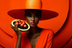 vrouw afro schoonheid concept zwart papaja koel modieus mode oranje portret foto