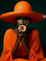 op zoek vrouw portret schoonheid afro oranje modieus papaja concept hoed mode koel zwart foto