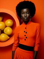 schoonheid vrouw afro aantrekkingskracht mode modieus zwart gezicht papaja concept oranje portret foto
