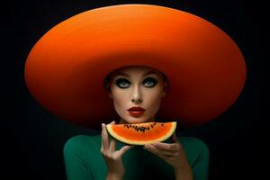 vrouw wit concept afro hoofd portret papaja oranje op zoek schoonheid modieus zwart mode foto