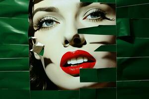 rood vrouw concept kapsel mode schoonheid lippen lippenstift kleur studio groen gezicht papier foto