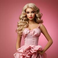 Barbie pop schattig 3d blond meisje kleding met solide roze en wit kleur achtergrond foto