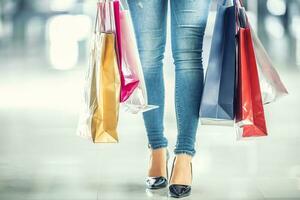 kleurrijk boodschappen doen Tassen in de handen van een klanten vrouw en haar poten jeans en schoenen foto