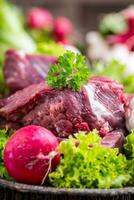 rauw rundvlees vlees met vers groente. gesneden rundvlees steak in sla salades radijs en champignons. foto