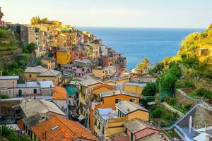 kleurrijk stadsgezicht van gebouwen over- middellandse Zee zee, Europa, cinque terre in Italië foto