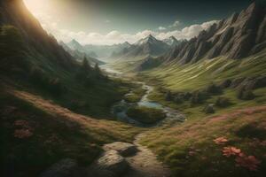 mooi fantasie landschap met een rivier- in de bergen. ai generatief foto