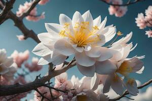 kers bloesem sakura bloem Aan blauw lucht achtergrond, ai generatief foto