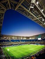 voetbalstadion arena met natuurlijk groen gras foto