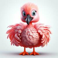 3d tekenfilm schattig roze flamingo vogel wit achtergrond foto