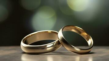 twee verloving bruiloft ceremonieel edelsteen ringen met stenen, wazig achtergrond. ai gegenereerd. foto