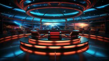 TV nieuws studio met ronde tafel en wit scherm foto