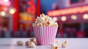 popcorn in een emmer Aan een roze wazig achtergrond in bioscoop hal foto