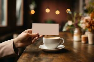 vrouw Holding bedrijf kaart en kop van koffie in cafe, detailopname ai gegenereerd foto