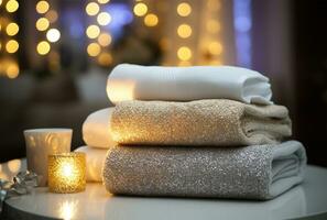 stack van schoon handdoeken Aan tafel tegen wazig feestelijk lichten, detailopname ai gegenereerd foto
