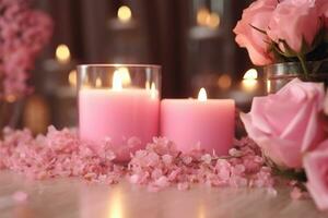 spa concept roze bloemen rozen en kaars licht in spa salon ai gegenereerd foto