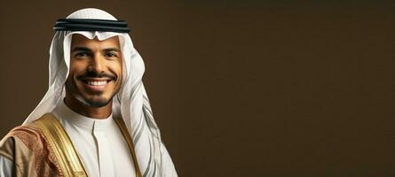 portret van Arabisch Mens met traditioneel kleren Aan bruin achtergrond ai gegenereerd foto