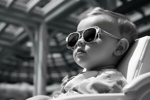 schattig baby met zonnebril in zwemmen zwembad. zomer vakantie concept ai gegenereerd foto